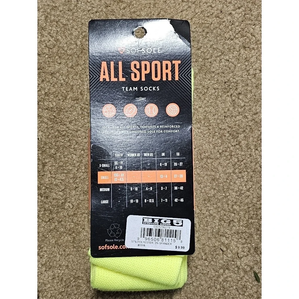 Sof Sole All-Sport Youth Team Socks - 2-Pack, Neon Yellow, Small